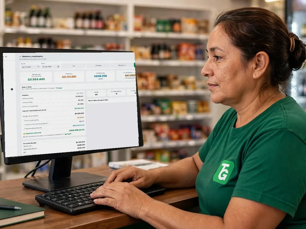 Dueña de un minimarket mirando el Balance de Tapy Go en la PC
