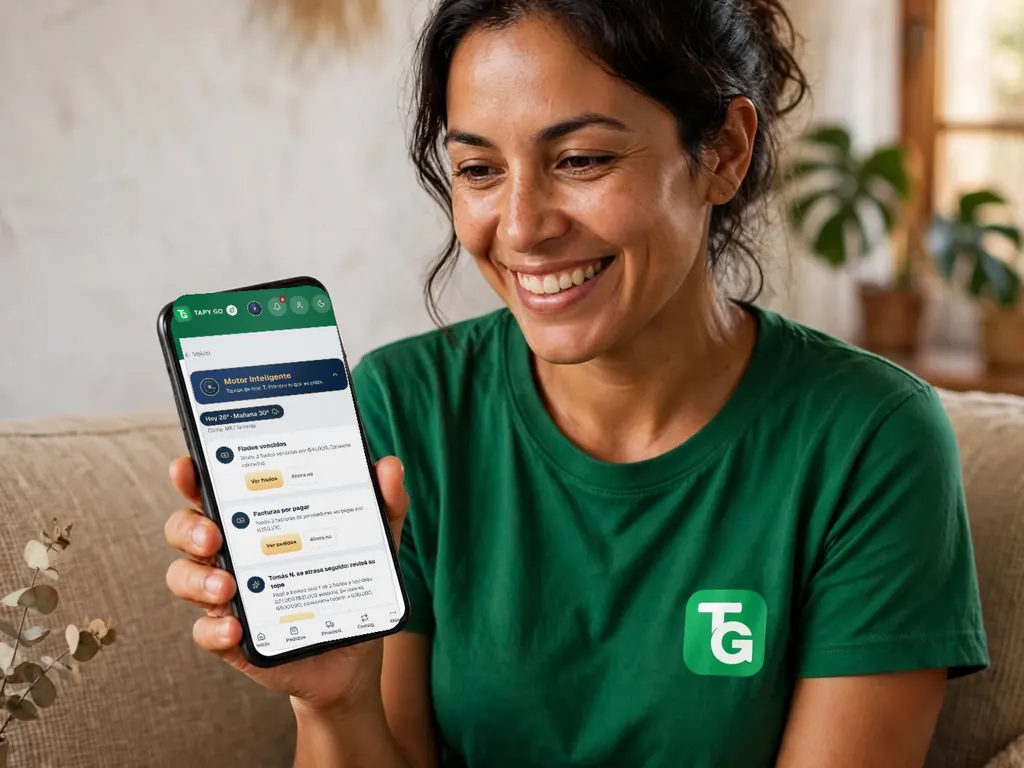 Dueña de un minimarket en su casa, mirando el Motor Inteligente de Tapy Go en el celular