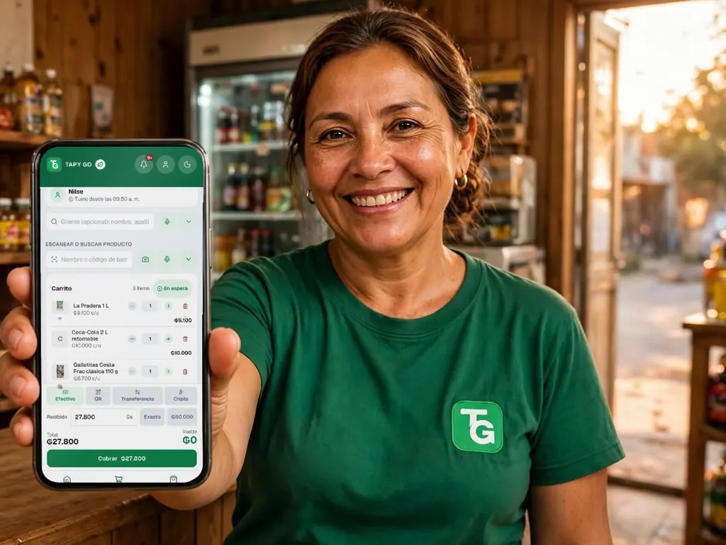 Dueña de una despensa de barrio mostrando la Caja de Tapy Go en su celular