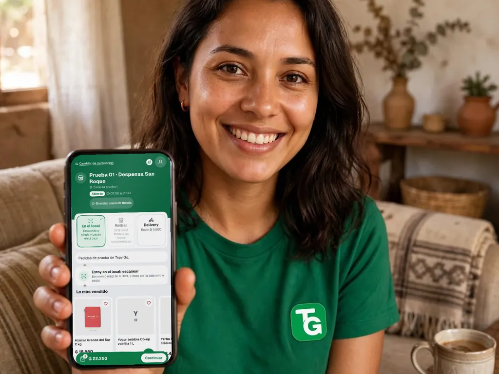 Mujer en el sillón de su casa comprando en un minimarket con Tapy Go Online