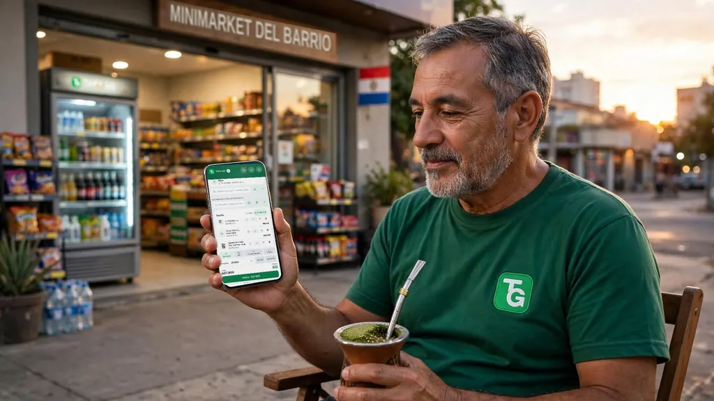 Dueño de un minimarket de barrio con mate y Tapy Go en el celular, frente a su local
